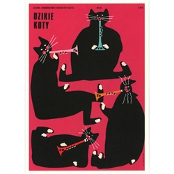 Post Card: Dzikie Koty (wild cats), Backyard Brass Band, Polish Poster designed by Jakub Zasada It has now been turned into a post card size 4.75" x 6.75" - 12cm x 17cm.