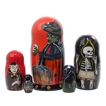 After years of development, we're pleased to announce we have produced the ultimate in Halloween matryoshkas. A ghoulish witch hides under her cloak, a skeleton, a vampire drinking a bloody Mary, a black cat, and her pet spider Igor. The craftsmanship is
