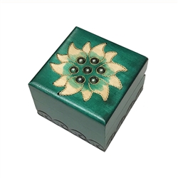 Rich green matte finish. Hand carved floral design on top and 3 sides. Hinge and lid. Shades will vary and center petals are natural wood color.