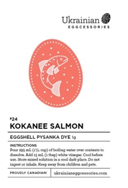 Non-edible chemical dye.
This nice warm "Kokanee Salmon" pysanka dye is a great dye to add to your dye inventory. Enjoy different hues from this one dye powder just by changing how long you leave the eggshell in the dye bath