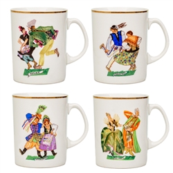 One set of fine ceramic dancer mugs made in Poland in the 1970's, packed in its original box. This set features Polka, Krakowiak, Polonez, and Goralski. Hand wash only. Not for use in a microwave due to the gold rim. Never used.