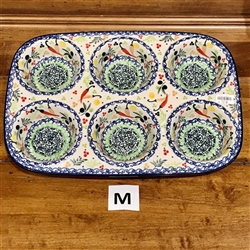 Polish Pottery 11.5" Muffin Pan. Hand made in Poland. Pattern U4849 designed by Teresa Liana.