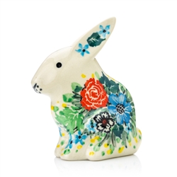 Polish Pottery 3.5" Rabbit Figurine. Hand made in Poland. Pattern U4672 designed by Teresa Liana.