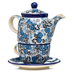 Polish Pottery 16 oz. Personal Teapot Set. Hand made in Poland. Pattern U4785 designed by Teresa Liana.