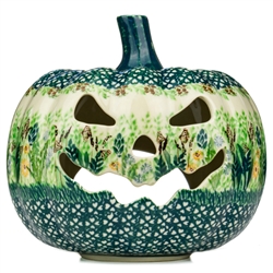 Polish Pottery 7" Pumpkin Jack-O'Lantern. Hand made in Poland. Pattern U4331 designed by Krystyna Dacyszyn.