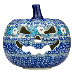 Polish Pottery 7" Pumpkin Jack-O'Lantern. Hand made in Poland. Pattern U4976 designed by Teresa Liana.