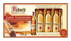 Asbach-Flaschchen are filled with Asbach Brandy - protected in a vey tender sugar crust and enrobed in dark chocolate.  The smallest and most delicious way to enjoy the original Asbach Brandy.
