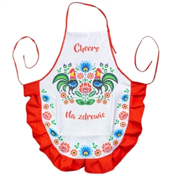 Just what every Polish chef needs: A vibrant colorful kitchen apron, with the words Cheers and Na Zdrowie (To Your Health) printed in red on the front panel.  Fron panel shades can vary.