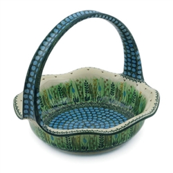 Polish Pottery 11" Round Basket with Handle. Hand made in Poland. Pattern U803 designed by Krystyna Dacyszyn.