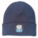 Display your Polish heritage! Navy Blue stretch knit Policja (Police) cap, which features Poland's national symbol the crowned eagle. Easy care 100% acrylic yarn. One size fits most. Made in Poland.