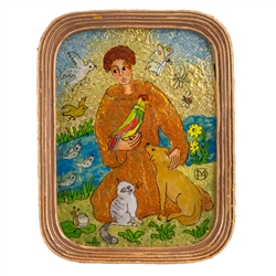 Painting on glass is an art technique by which the artist paints a picture on the reverse side of a glass surface. Magdalena Hniedziewicz specializes in religious themes and Saints.  Here we see the artists' vision of a young St. Francis.