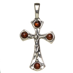 Sterling silver crucifix with Baltic Amber detail. Size is approx 1.25" x 0.6"