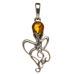 Cognac Amber .925 Silver Medium Octopus Pendant  1.75"