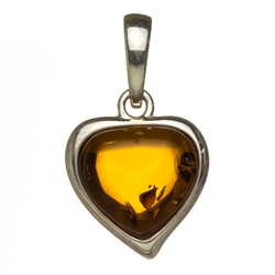 Heart shaped honey amber heart with a sterling silver finding. Size is approx 0.75" x  0.5"