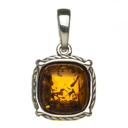 Square honey amber pendant in a nicely detailed sterling silver frame. Size is approx 0.75" high x 0.5" wide.