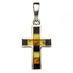 Multi-color mosaic amber set in a sterling silver cross pendant. Size approx 1.4 " x .6".