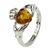 Claddagh design sterling silver ring with an amber center piece.  Engraved on the inside band is: Love Loyalty Friendship.  Ring size front is approx 0.75" x ..5"