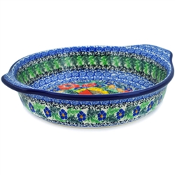 Polish Pottery 8" Round Baker with Handles. Hand made in Poland. Pattern U4018 designed by Maria Starzyk.