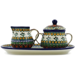 Polish Pottery 9.5" Sugar Bowl & Creamer Set. Hand made in Poland. Pattern U79 designed by Teresa Liana.