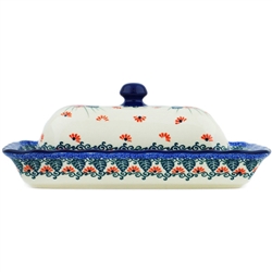 Polish Pottery 9" Butter Dish. Hand made in Poland. Pattern U5007 designed by Maria Starzyk.