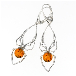 Cognac Amber Spider Earrings On Hooks 2.25"