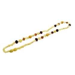 Natural Baltic Amber Necklace. Multi color amber beads set in durable string, finished with a screw clasp. The necklace is 17.5" Long.