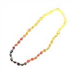 Multi-color polished amber beads set in the durable string finished with a screw clasp. The necklace is 18 inches long