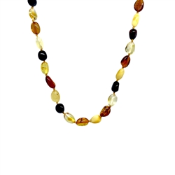 Multi-color polished amber beads set in the durable string finished with a screw clasp. The necklace is 16" long