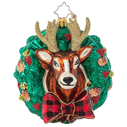 Dasher or Dancer, Prancer or Vixen? One of Santa's trusted regular-nosed reindeers peeks through a holiday wreath in this festive ornamemt.
DIMENSIONS: 4 in (H) x 3.75 in (L) x 2.25 in (W)