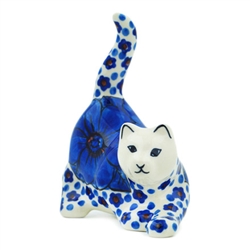 Polish Pottery 4" Crouching Cat Figurine. Hand made in Poland. Pattern U408 designed by Jacek Chyla.