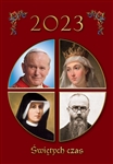 Beautiful 12 month calendar featuring full color photos of 12 Polish Saints with a brief descripton of each in Polish.
Days of the month are listed on the right side in numerical order. Size 8" x 11.5"