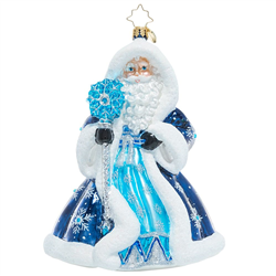 Celebrating all the splendor of a frosty winter's night, Saint Nicholas dons his luxurious icy blue robes with plenty of snowy sparkle. Let it snow, let it snow, let it snow! This special ornament has been hand-picked by the Radko team to be part of the