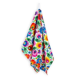 Nice souvenir from Poland. 100% cotton.  Colorful print on one side and has a loop for hanging. You can clean up the kitchen, living room or dining room with our kitchen cloth. The cloth will sweep over the countertops and tables, and even in the garden