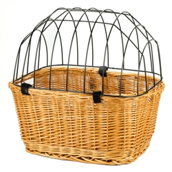 Small animal carrier of natural Polish wicker with a metal frame . Size is approx 17" H x 17.5" L x 13" W. Perfect for carrying pets up to 20 lbs. The carrier is closed with a metal grill for safety and secured with a velcro strap. Simply mount it on to