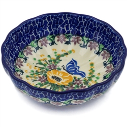 Polish Pottery 4.5" Fluted Bowl. Hand made in Poland. Pattern U3789 designed by Ewelina Galka.