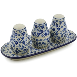 Polish Pottery Salt, Pepper, Toothpick Set. Hand made in Poland and artist initialed.