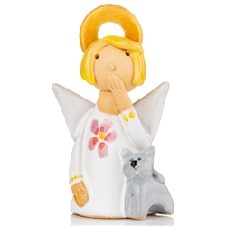 Our beautiful little ceramic angel is shocked by something her pet has done! Totally hand made and painted in Poland. Stamped and artist initialed on the bottom. No two angels are exactly alike as they are all hand made and painted.