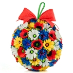 This beautiful floral bouquet is made by a folk artist family from the Nowy Sacz area. This bouquet is made of colorful crepe paper surrounding a light weight sphere.. Made entirely by hand. No two are exctly alike.  Size is approx 8" x 6" diameter.
