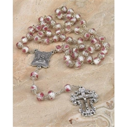 White  Genuine Crystal 8mm Rosary with Painted Rose inside each Crystal Bead. 
Double capped beads with Mother and Child center and Deluxe Crucifix.   
Comes with a Rosary Display Case