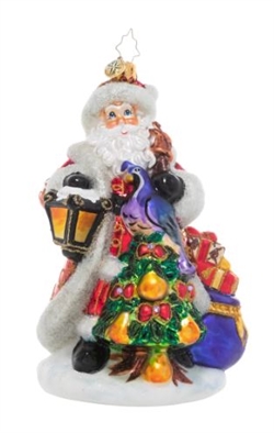 The premier piece in our Ornament of the Month collection, this elegant ornament features a traditional Santa Claus presiding over a golden pear tree topped with a colorful partridge bird.
DIMENSIONS: 6 in (H) x 4.5 in (L) x 3.25 in (W)