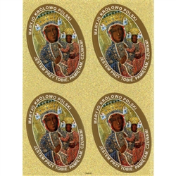 Set of 4 stickers of Our Lady Of Czestochowa. In Polish around the picture - Maryjo Krolowo Polski - Jestem Przy Tobie, Pamietam, Czuwam - Mary Queen Of Polabnd - I Am With You, I Remember, I am Awake