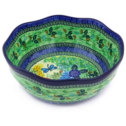 Polish Pottery 11" Fluted Bowl. Hand made in Poland. Pattern U2021 designed by Teresa Liana.