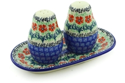 Polish Pottery 7" Salt and Pepper Set. Hand made in Poland and artist initialed.