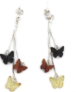 Multicolor Butterfly Shaped Amber Earrings Dangly Stud, Snake Chain. â€‹Size is approx 2.25" x 0.4"