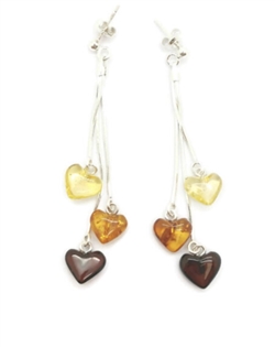 Heart Shaped Multicolor Amber Three Stones Dangle Earrings. Heart shaped amber stones set on .925 sterling silver chains. Post dangle earrings.  Size is approx 2.25" x 0.4"