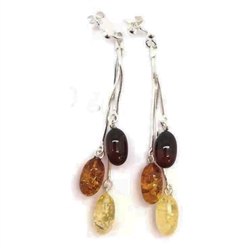 Multicolor Olive Shaped Amber Earrings Dangly Stud, Snake Chain.  Size is approx 2" x 0.25"