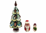 Small wooden 3D toy ornaments are "hung" on this deluxe little Christmas tree!  No two are alike.  Colors vary, trees can be gold, green or blue. This nesting doll was carved in the Upper Volga region, the Russian center of nesting doll carving. 100% Lind