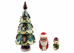 Small wooden 3D toy ornaments are "hung" on this deluxe little Christmas tree!  No two are alike.  Colors vary, trees can be gold, green or blue. This nesting doll was carved in the Upper Volga region, the Russian center of nesting doll carving. 100% Lind