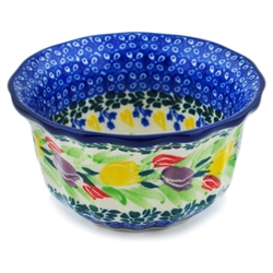 Polish Pottery 4" fluted Bowl. Hand made in Poland. Pattern U3787 designed by Krystyna Dacyszyn.