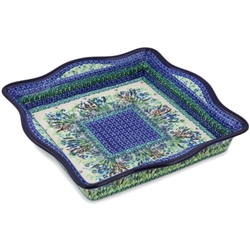 Polish Pottery 12" square Bowl. Hand made in Poland. Pattern U4333 designed by Krystyna Dacyszyn.